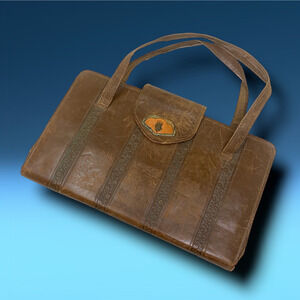 Antique Civil War Era Brown Tooled Leather Top Handle Frame Purse Muslin Lined